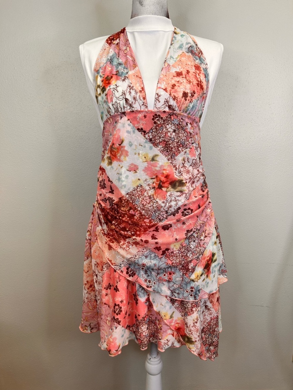 Y2K Floral Patchwork Pink Halter Sundress Backless Party Summer Stretch Coquette - Picture 2 of 14